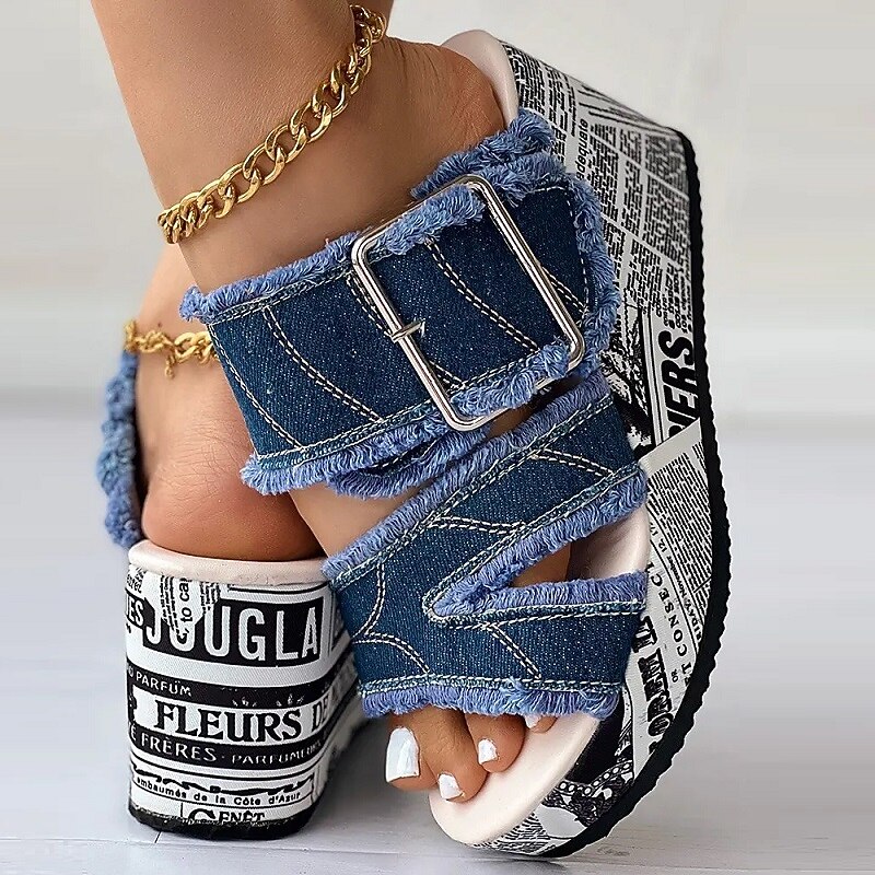Women's Denim Platform Sandals with Adjustable Buckle Straps and Newspaper Print Wedge Sole, Trendy Chunky Summer Shoes for Streetwear and Festivals
