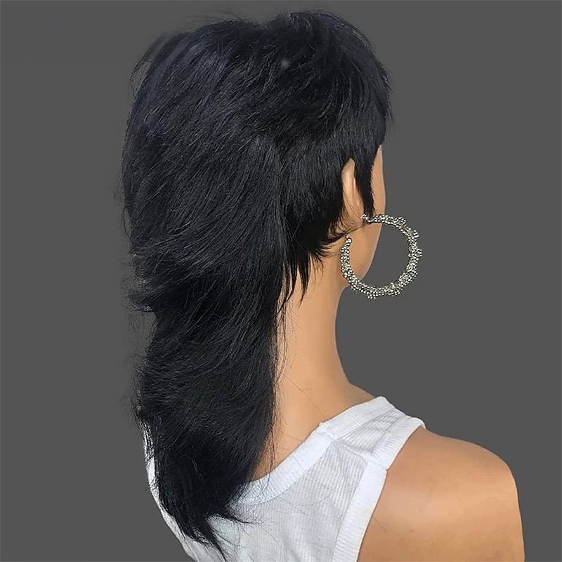 Mullet Wig Pixie Cut Wigs Human Hair for Women Shaggy Layered 70s 80s 90s Mullet Wigs With Bangs For Black Women Natural Black  Wolfcut Straight Brazilian Human Hair Wigs