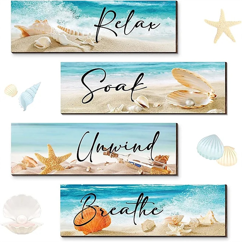 1pc Ocean Beach Bathroom Wall Decor Wooden Relax Soak Relax Breathe Wall Art Bathroom Sign Hanging Seashell Starfish Wooden Sign Room Decor Scene Decor Bedroom Decor Entrance Decor Wall Beauti