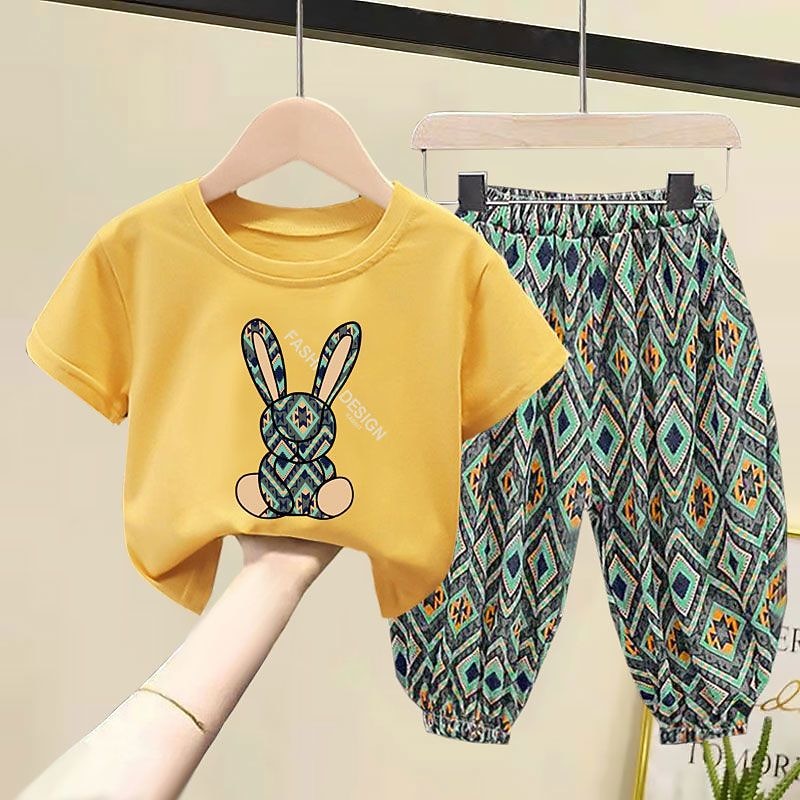 2 Pieces Kids Girls' Geometric Pants Suit Set Short Sleeve Fashion Outdoor Cotton 3-7 Years Summer Black White Yellow3