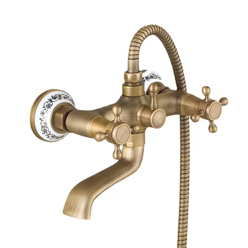 Traditional Shower System Faucet Set with Bathtub Spout with Heldhand Handshower Spray, Vintage Brass Dual Spout Wall Mounted Ceramic Mixer Valve3