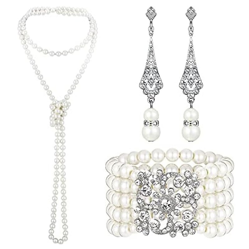 1920s Pearl Jewelry Set Including Vintage Flapper Earrings Multilayer Imitation Pearl Necklace Bracelet for Women Girls