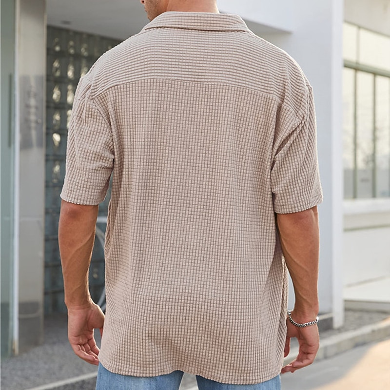 Men's Shirt Waffle Shirt Summer Shirt Casual Shirt Button Up Shirt Green Apricot Short Sleeve Plain Lapel Vacation Daily Front Pocket Clothing Apparel Polyester Fashion Casual Comfortable3