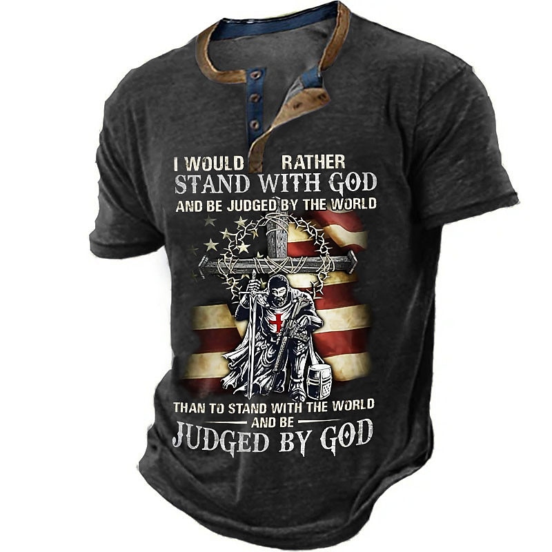 Independence Day Mens Graphic Shirt Henley Cross Faith National Flag Clothing Apparel 3D Print Outdoor Daily Short Sleeve Button Down Fashion Designer Would Rather Stand With God Be Judged By World Th2