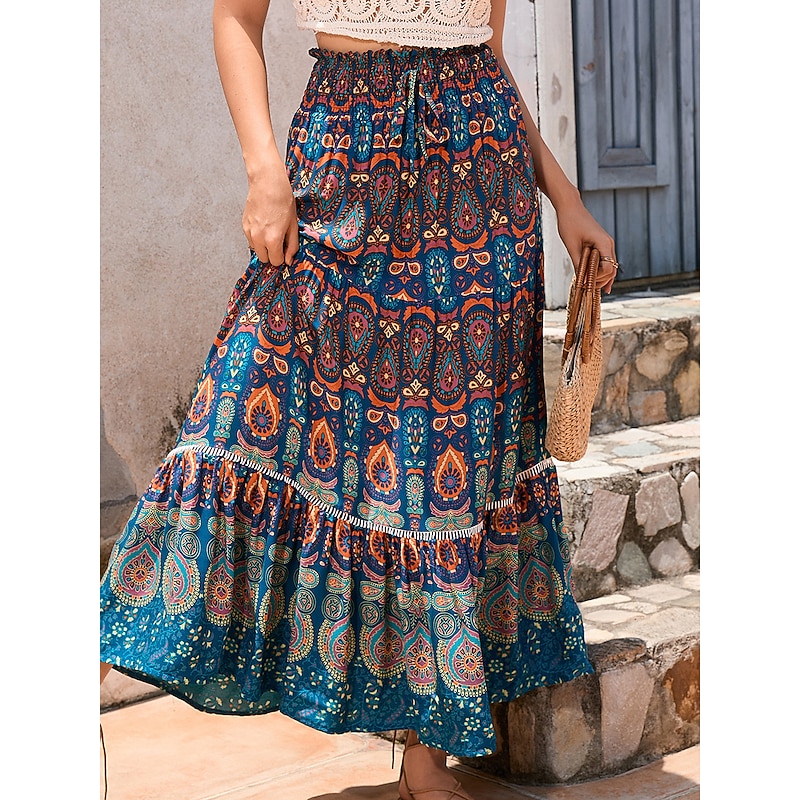 Women's Skirt Swing Bohemia Maxi High Waist Skirts Pleated Print Color Block Floral Vacation Going out Summer Cotton Polyester Vintage Retro Vintage Ethnic Casual Red Navy Blue Royal Blue3
