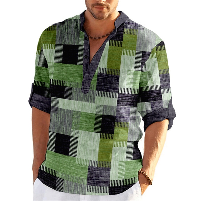 Men's Striped Plaid / Check Geometric Pattern Shirt Button Up Shirt Long Sleeve Fashion Streetwear Designer Outdoor Street Daily Summer Spring Fall Stand Collar Print Yellow Light Green Wine Blue4