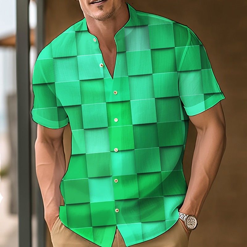 Men's Plaid / Check Geometric Pattern Geometry Shirt Button Up Shirt Short Sleeve Fashion Designer Casual Vacation Street Daily Spring & Summer Stand Collar Print Blue-Green Red Blue Orange Green3