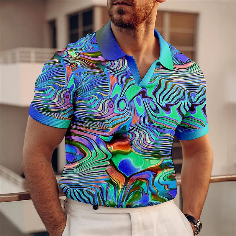Men's Graphic Polo Shirts Golf Shirt Short Sleeve Polo Shirts V Neck Casual Vacation Wear Rave Wear Party Outfits 3D Print Red Blue Purple2