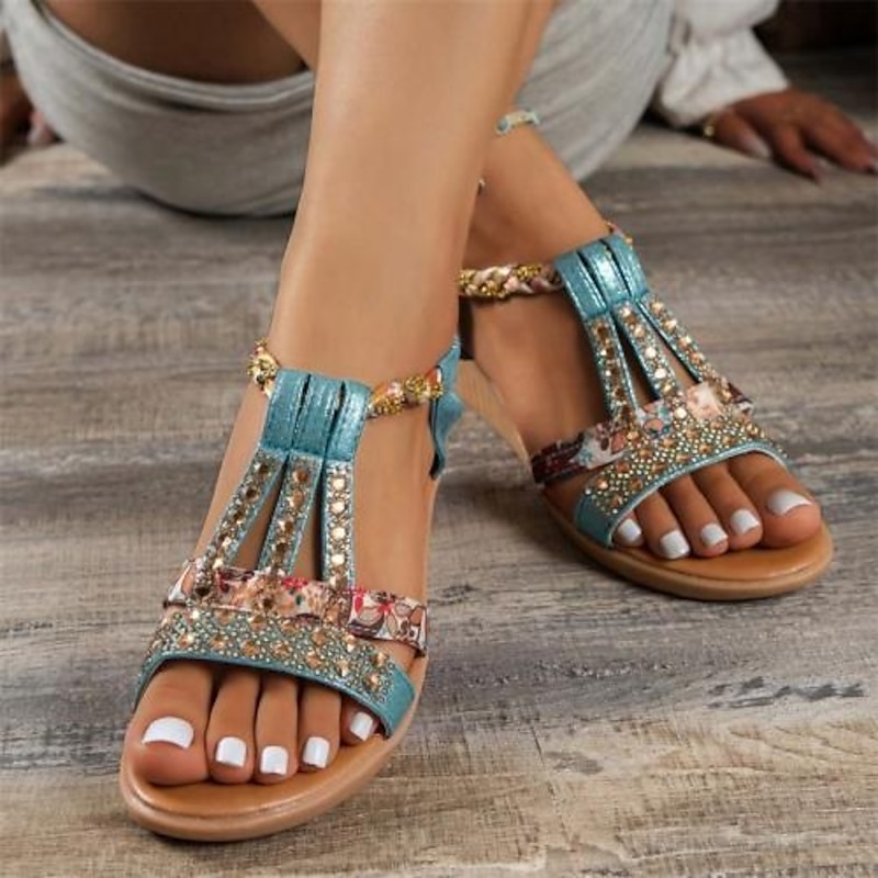 Women's Wedge Sandals with Rhinestone Embellishments – Comfortable Elastic Straps and Floral Patterned Details for Casual Summer Wear3