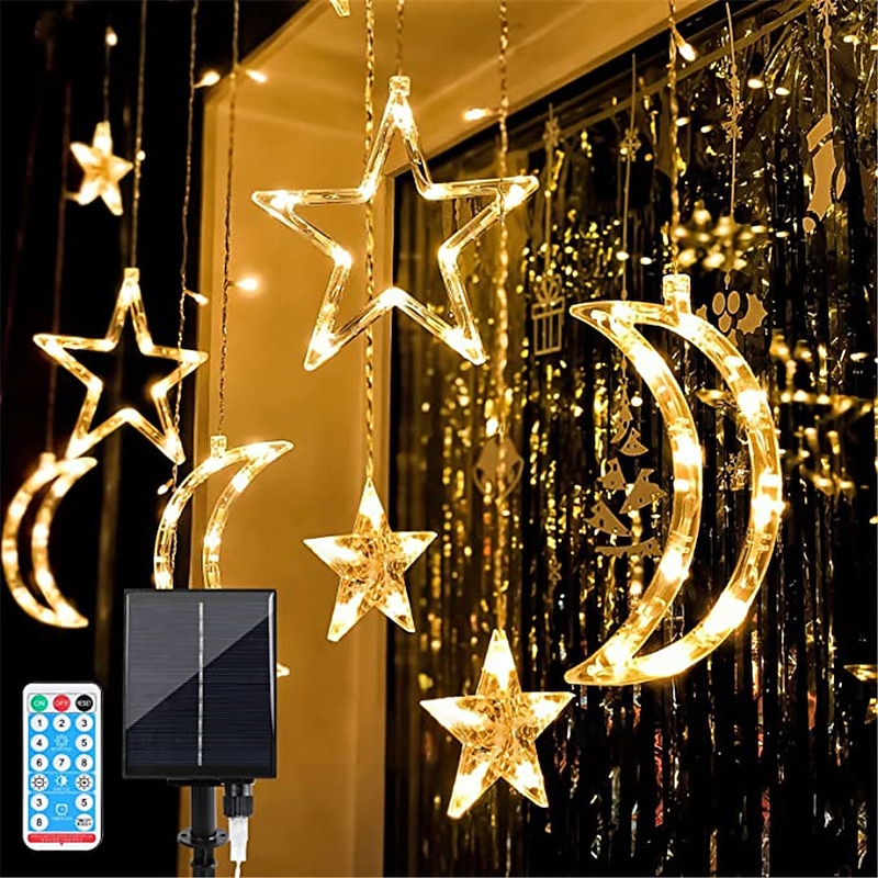 Solar Star String Lights Outdoor 138 LED Solar Powered Curtain Lights Window Lights Solar Led String Lights Twinkle Star Moon Fairy Lights for Backyard Garden Patio Home Christmas Holiday Decoration