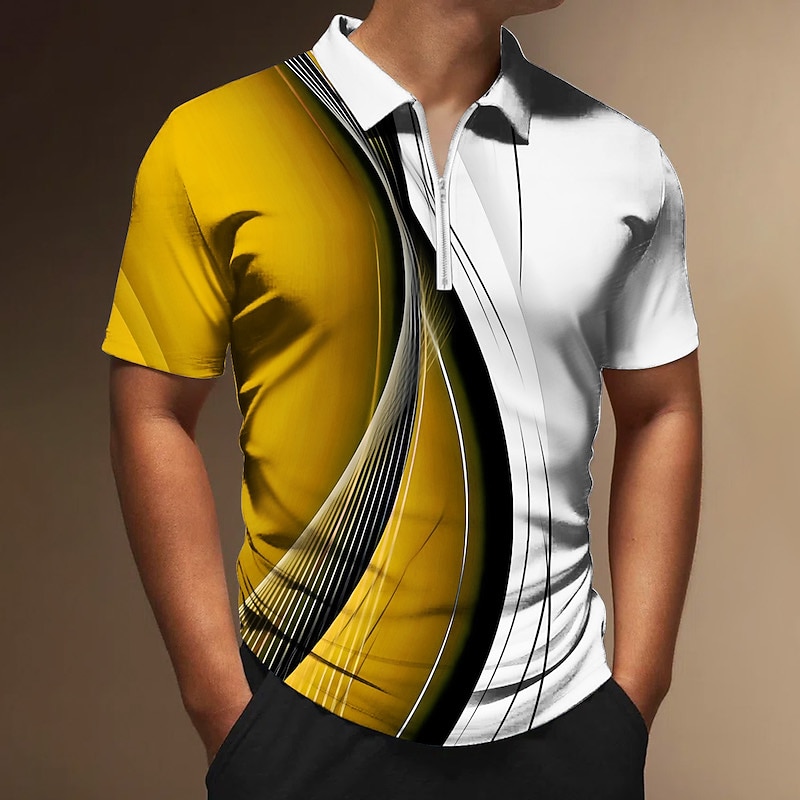 Men's Geometric Zip Polo Shirts Golf Shirt Short Sleeve Polo Shirts Collared Shirts Business Casual Vacation Wear Formal Wear Festival Wear 3D Print Quarter Zip Polo Black Yellow Red4