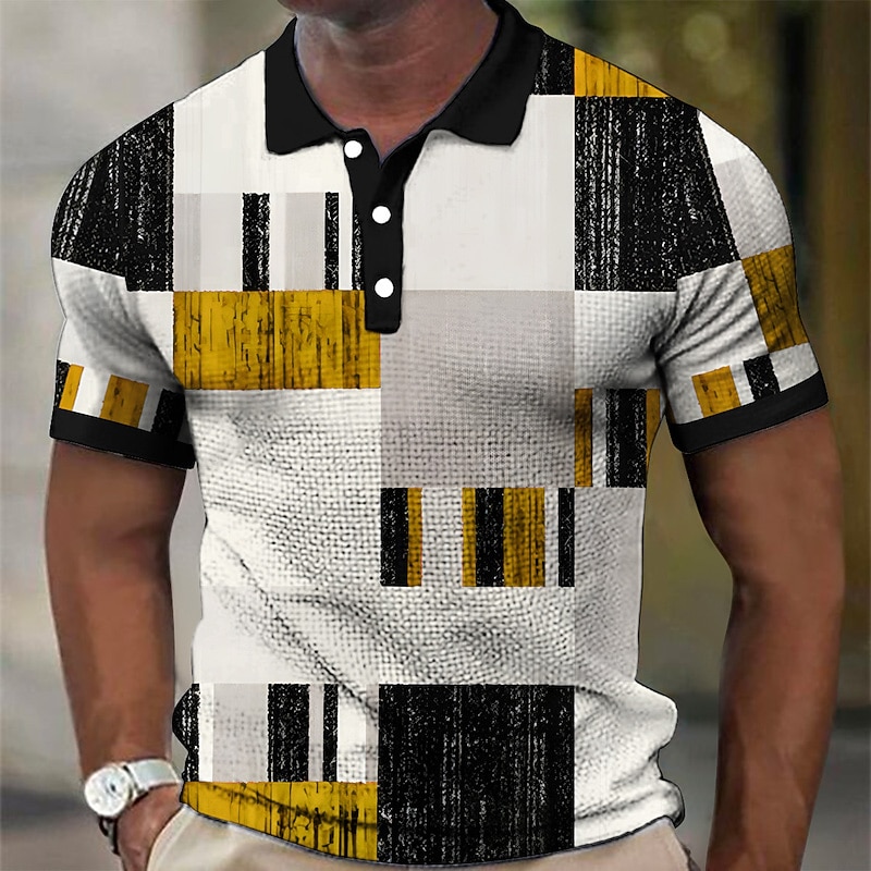 Men's Plaid Waffle Polo Shirts Golf Shirt Short Sleeve Polo Shirts Collared Shirts Vintage Casual Vacation Wear Formal Wear Festival Wear Buttons 3D Print Black Yellow Red3
