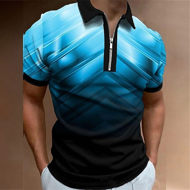Men's Graphic Zip Polo Shirts Golf Shirt Short Sleeve Polo Shirts Collared Shirts Casual Vacation Wear Rave Wear Party Outfits 3D Print Quarter Zip Polo Yellow Navy Blue Purple2
