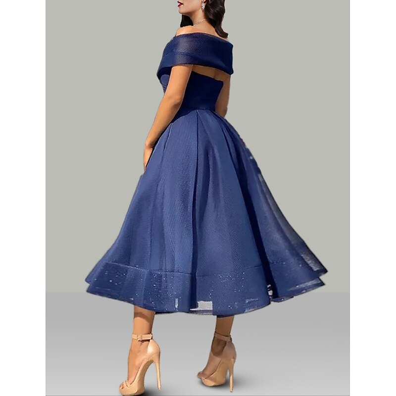 A-Line Prom Dresses Vintage Dress Wedding Guest Summer Tea Length Sleeveless Off Shoulder Organza Backless with Ruched Dresses4