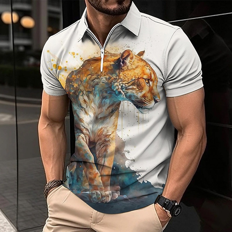 Men's Lion Zip Polo Shirts Golf Shirt Short Sleeve Polo Shirts Collared Shirts Casual Funny Streetwear Vacation Wear Party Outfits 3D Print Quarter Zip Polo Black White Yellow2