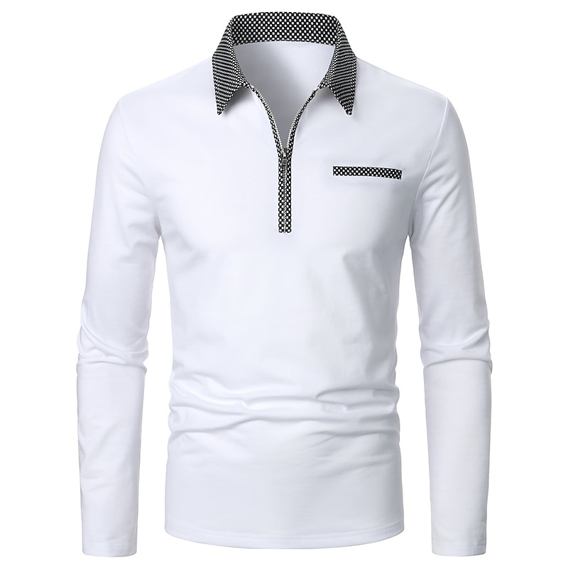 Men's Polo Shirt Quarter Zip Polo Work Daily Wear Lapel Long Sleeve Fashion Comfortable Color Block Pocket Zip Up Summer Spring Regular Fit White Polo Shirt2