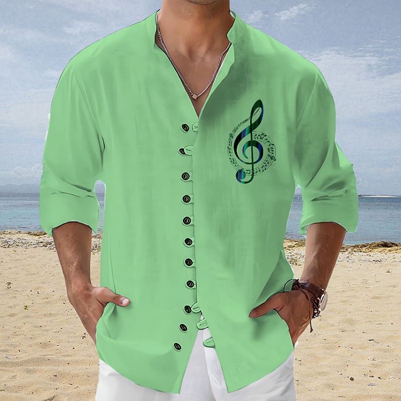Men's Boardmasters Music Notes Shirt Button Up Shirt Long Sleeve Fashion Streetwear Designer Outdoor Casual Daily Summer Spring Fall Stand Collar Print Blue-Green Pink Blue Green Gray4