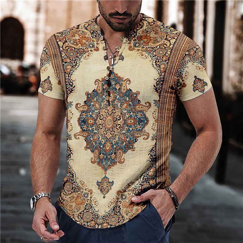 Men's Floral Tribal Vintage Shirt Linen Shirt Button Up Shirt Short Sleeve Fashion Streetwear Designer Outdoor Casual Daily Spring & Summer Stand Collar Print Pink Blue Green Khaki Gray