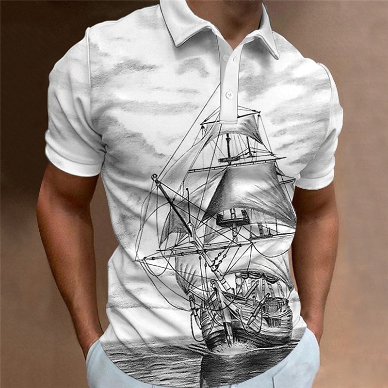 Men's Nautical Polo Shirts Golf Shirt Short Sleeve Polo Shirts Collared Shirts Vintage Casual Vacation Wear Boat Wear Party Outfits Buttons 3D Print Black White Khaki2