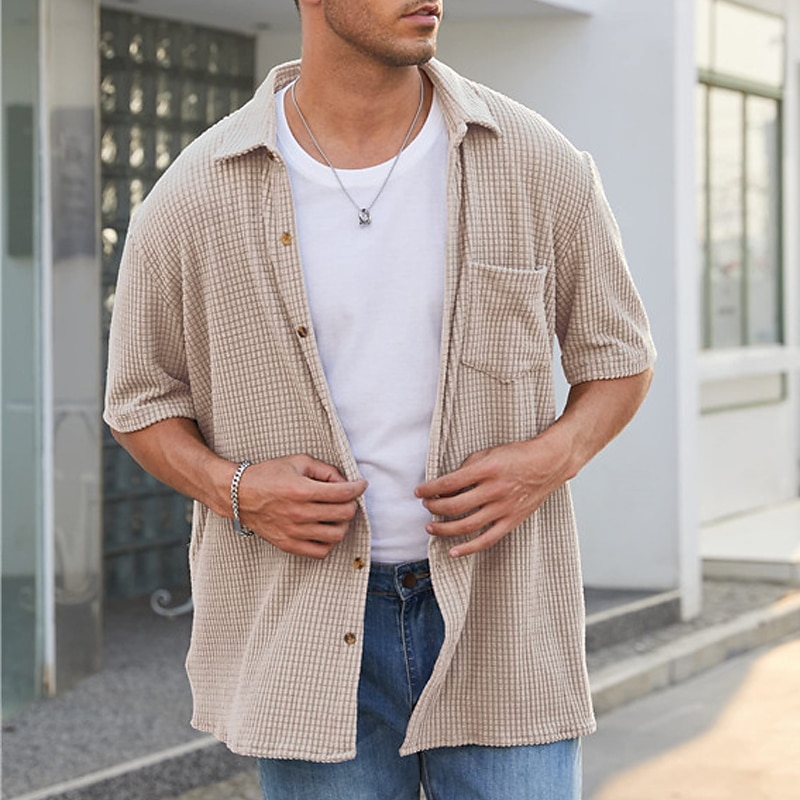 Men's Shirt Waffle Shirt Summer Shirt Casual Shirt Button Up Shirt Green Apricot Short Sleeve Plain Lapel Vacation Daily Front Pocket Clothing Apparel Polyester Fashion Casual Comfortable4