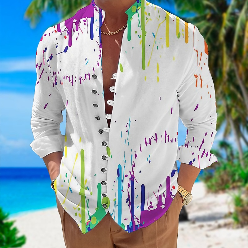 Men's Gradient Shirt Button Up Shirt Long Sleeve Fashion Designer Casual Outdoor Vacation Daily Fall Autumn / Fall Spring & Summer Stand Collar Print White Red Purple Green Rainbow3