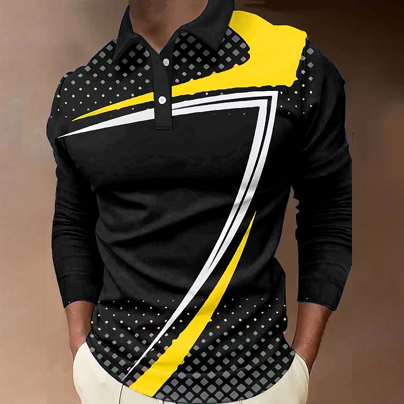 Men's Geometric Polo Shirts Golf Shirt Long Sleeve Polo Shirts Collared Shirts Casual Vacation Wear Formal Wear Festival Wear 3D Print Buttons Black Yellow Blue4