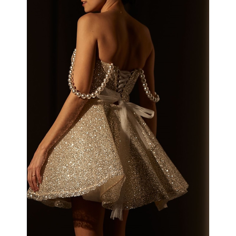 A-Line Gold Homecoming Dresses Sparkle & Shine Dress Cocktail Party Birthday Short / Mini Sleeveless Spaghetti StrapDress Tulle with Glitter