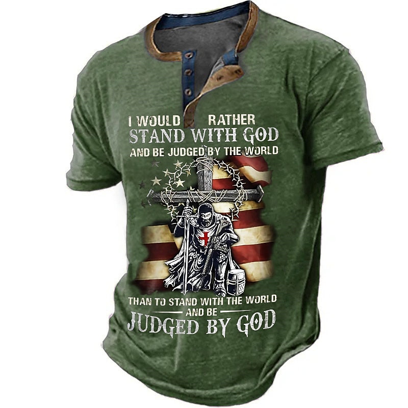 Independence Day Mens Graphic Shirt Henley Cross Faith National Flag Clothing Apparel 3D Print Outdoor Daily Short Sleeve Button Down Fashion Designer Would Rather Stand With God Be Judged By World Th4