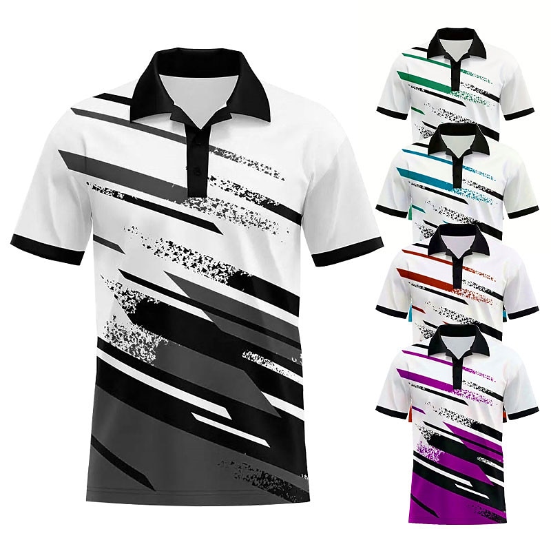 Men's Striped Sports Polo Shirts Golf Shirt Short Sleeve Polo Shirts Collared Shirts Casual Sportswear Vacation Wear Buttons 3D Print Black Red Blue