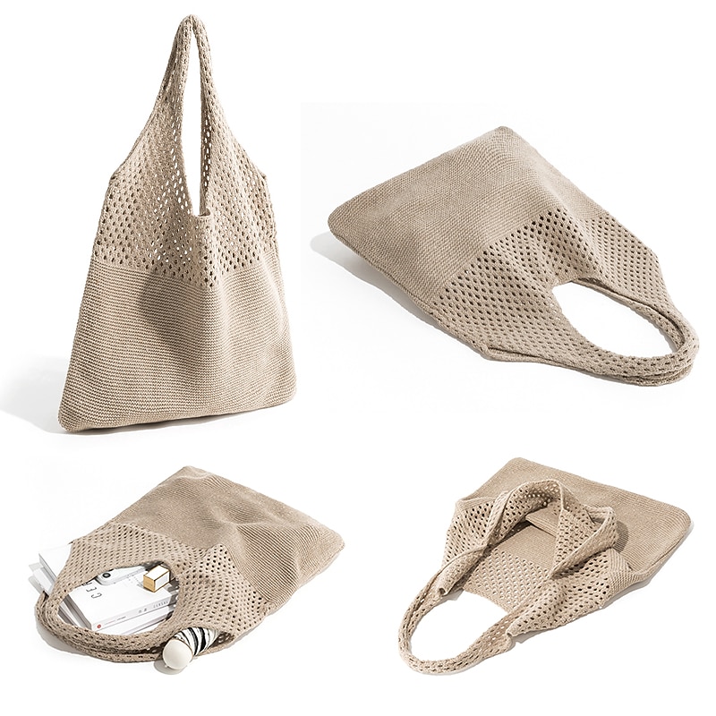 Women's Beige Knitted Tote Bag – Lightweight Mesh Shoulder Bag for Summer Beach, Groceries, and Casual Daily Use3