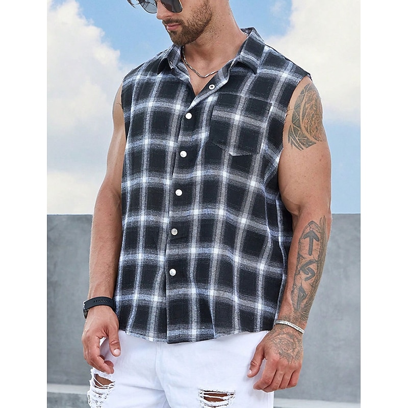 Men's Shirt Summer Shirt Casual Shirt Beach Shirt Button Up Shirt Checked Shirts Black Sleeveless Plaid / Check Lapel Vacation Daily Front Pocket Clothing Apparel Cotton Cotton Blend Fashion Casual4