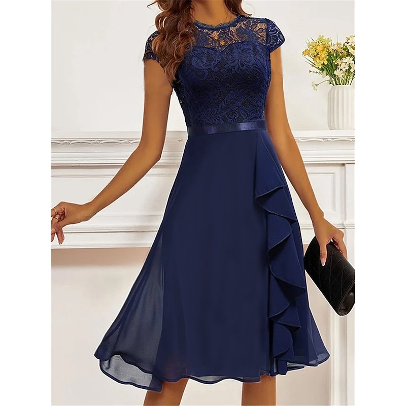 Women's Party Dress Lace Dress Cocktail Dress Midi Dress Dark Blue Short Sleeve Pure Color Lace Summer Spring Fall Crew Neck Fashion Wedding Guest Vacation Summer Dress S M L XL 2XL