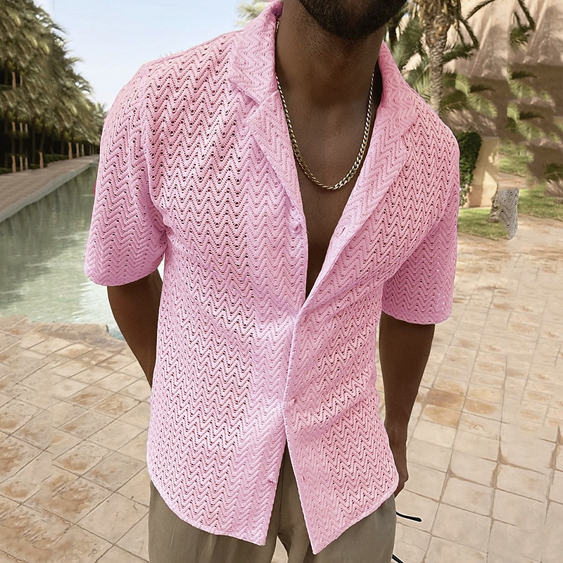 Men's Shirt Summer Shirt Casual Shirt Button Up Shirt Black White Pink Blue Beige Short Sleeve Plain Lapel Vacation Daily Clothing Apparel Cotton Cotton Blend Fashion Casual Comfortable