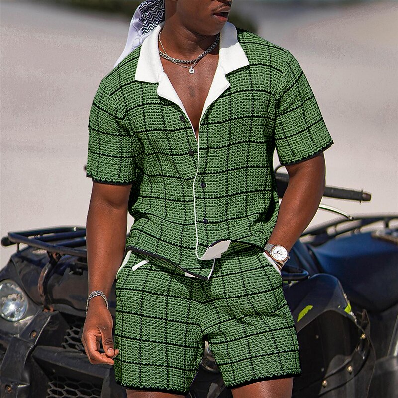 Men's Plaid Geometric Pattern 2pcs Shirts Sets Summer Hawaiian Shirt Short Sleeve Short Pants Cuban Collar Fashion Streetwear Designer Outdoor Daily Going out Print Summer Spring Navy Blue Blue Sky4