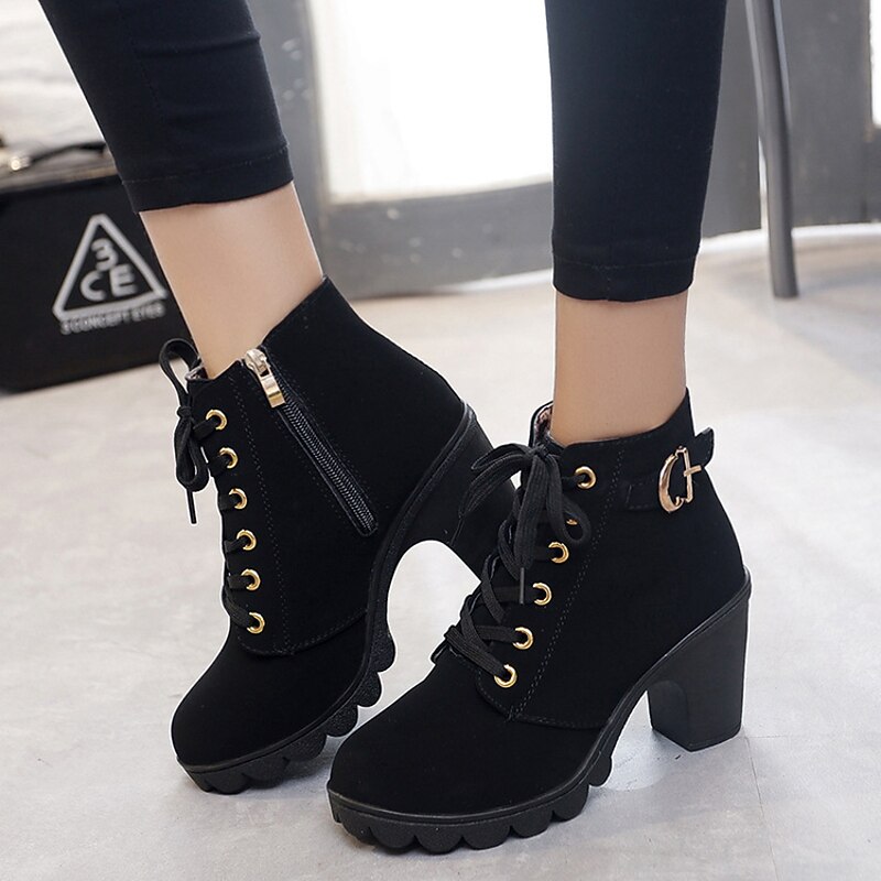 Women's Black Chunky Heel Ankle Boots with Lace-Up Design - Trendy and Comfortable, Ideal for Casual Wear, Parties, and Night Outs3