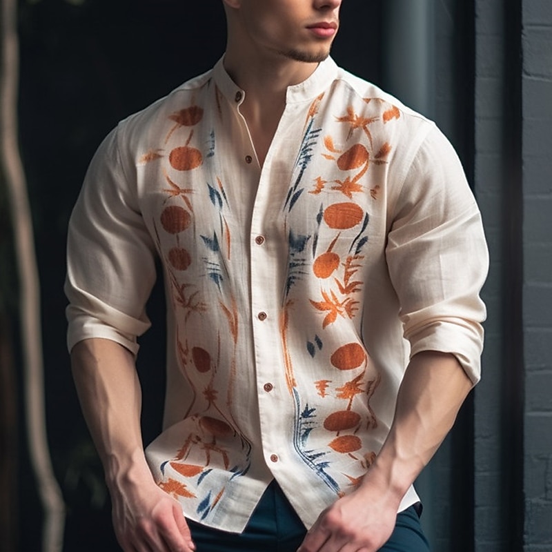 Men's Floral Shirt Button Up Shirt Long Sleeve Fashion Streetwear Designer Outdoor Casual Daily Summer Spring Fall Stand Collar Print White Yellow Khaki