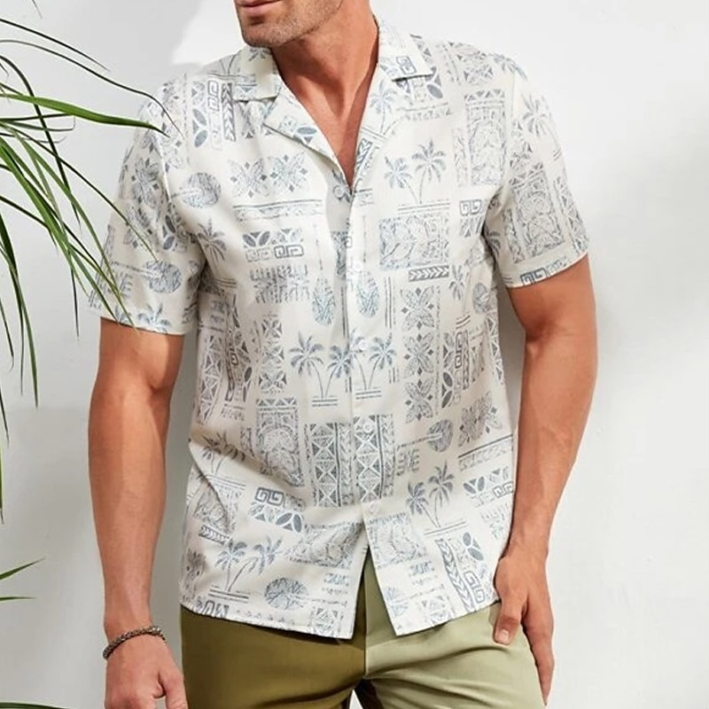 Men's Ethnic Shirt Button Up Shirt Short Sleeve Sports Fashion Streetwear Outdoor Casual Holiday Summer Spring Cuban Collar Print Black White Yellow Gray3