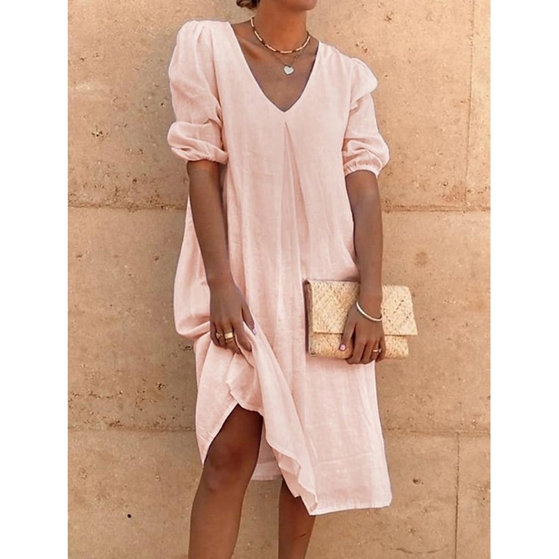 Women's White Yellow Pink Summer Spring Midi Dress Linen-Inspired Dresses Cotton Linen Dress Smock Dress Solid Basic Lantern Sleeve Vacation Loose Fit V Neck4