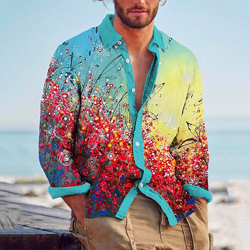 Men's Floral Shirt Button Up Shirt Long Sleeve Fashion Streetwear Designer Outdoor Casual Daily Summer Spring Fall Turndown Print Blue Orange2