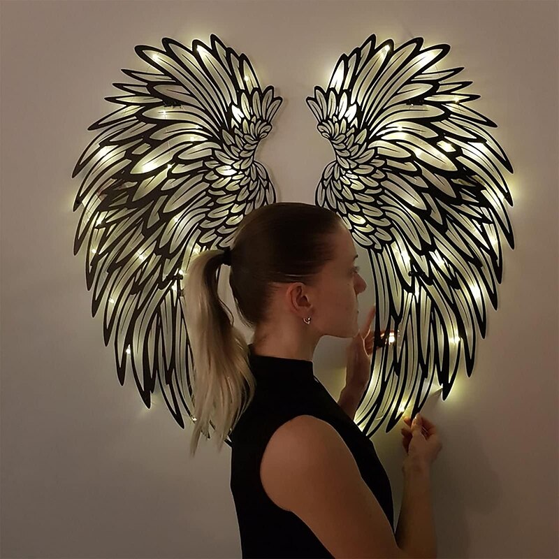 Angel Wings Wall Art Decor with Lights, Metal 3D Angel Wings Wall Sculpture Art Indoor Outdoor Wall Hanging for Home Bedroom Living Room Garden Office4