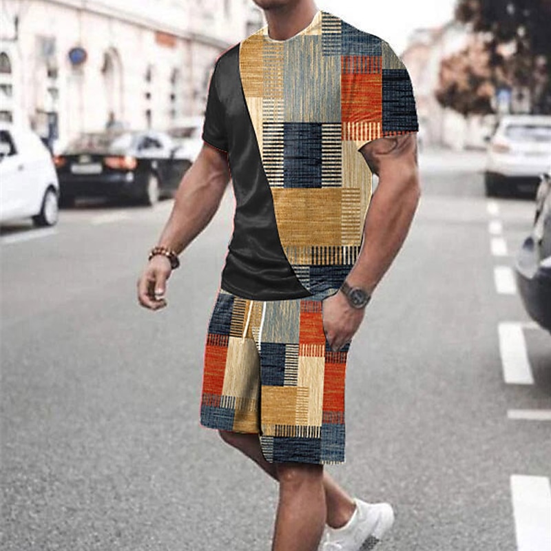 Men's Graphic Color Block 2pcs Tees sets Matching Sets Short Sleeve Short Pants Crew Neck Designer Casual Comfortable Outdoor Vacation Daily 3D Print Spring & Summer Red Blue Green4