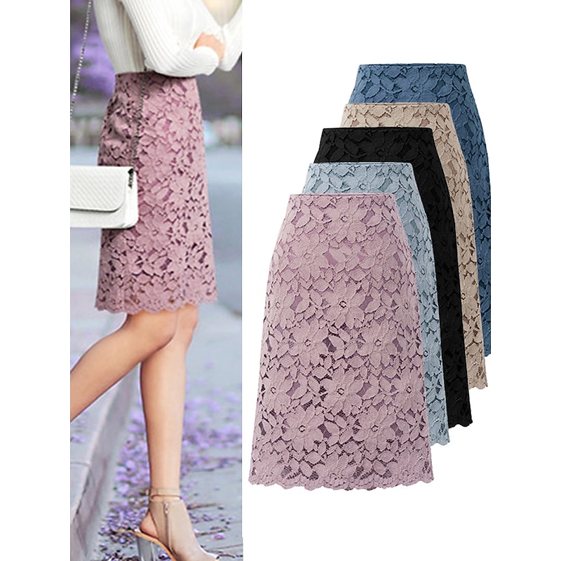 Women's Skirt Bodycon Work Skirts Above Knee High Waist Skirts Lace Solid Colored Office / Career Street Summer Elegant Fashion Business Black Light Purple Light Blue