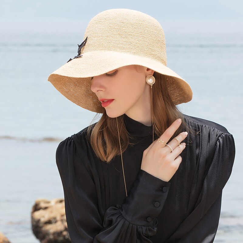 Hats Fiber Bucket Hat Straw Hat Sun Hat Casual Holiday Lady Sun Protection With Lace Headpiece Headwear4