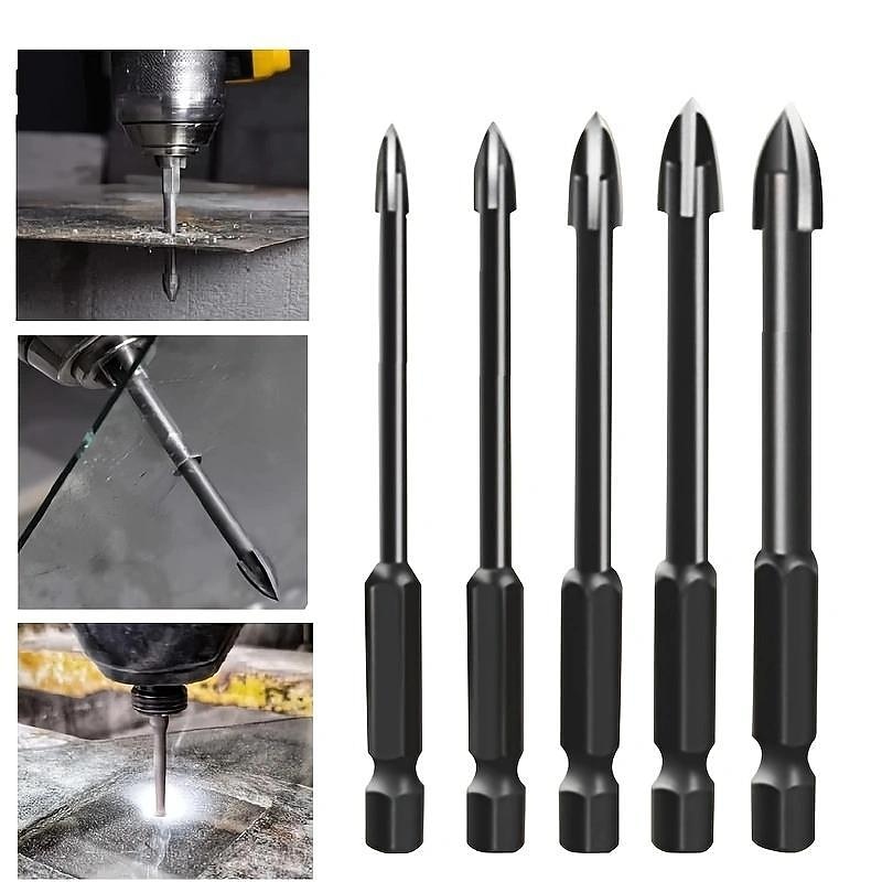 5pcs Efficient Universal Drilling Tools, Multifunctional Triangle Cross Alloy Drill Bit Set, Cemented Carbide Anti-Rust Attachments For Power Tools, Cross Spear Head Drill Bits