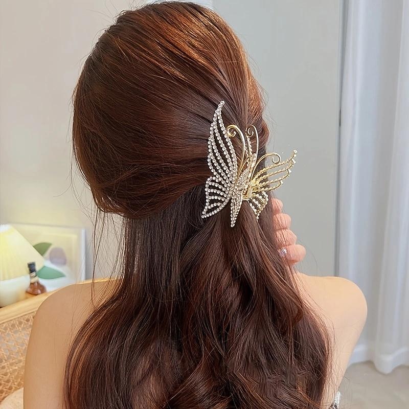 Butterfly Crystal Hair Claw Clips Pearl Rhinestone Golden Metal Hair Clips Large Gem Hair Jaw Clips Strong Hold Non-Slip Hair Catch Barrettes Clamps For Thick And Thin Hair Accessories For Women Girls3