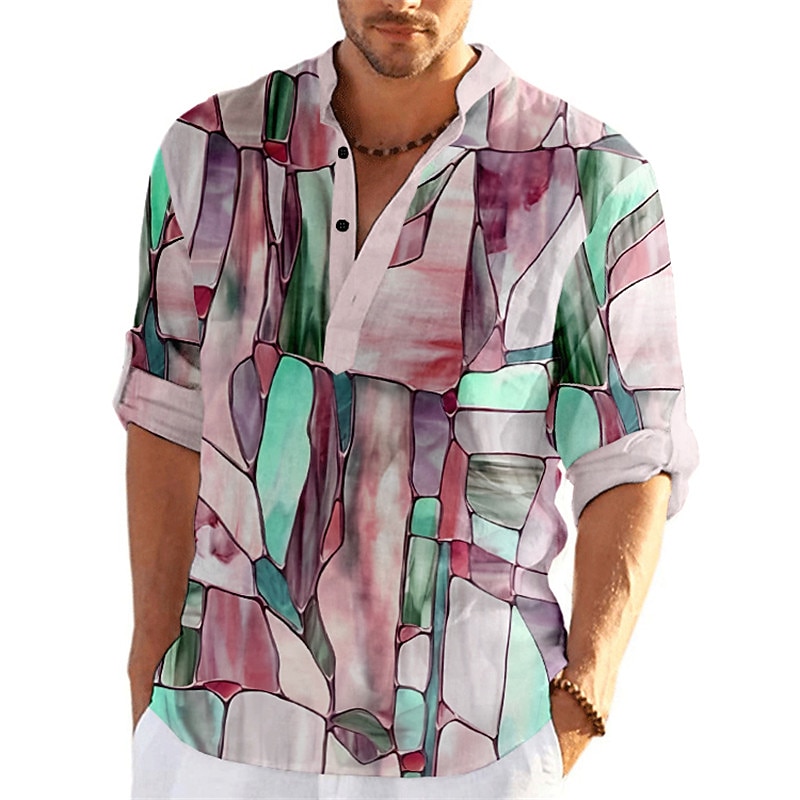 Men's Color Block Geometry Shirt Button Up Shirt Long Sleeve Fashion Streetwear Designer Outdoor Street Daily Summer Spring Fall Stand Collar Print Yellow Blue Purple Green Gray