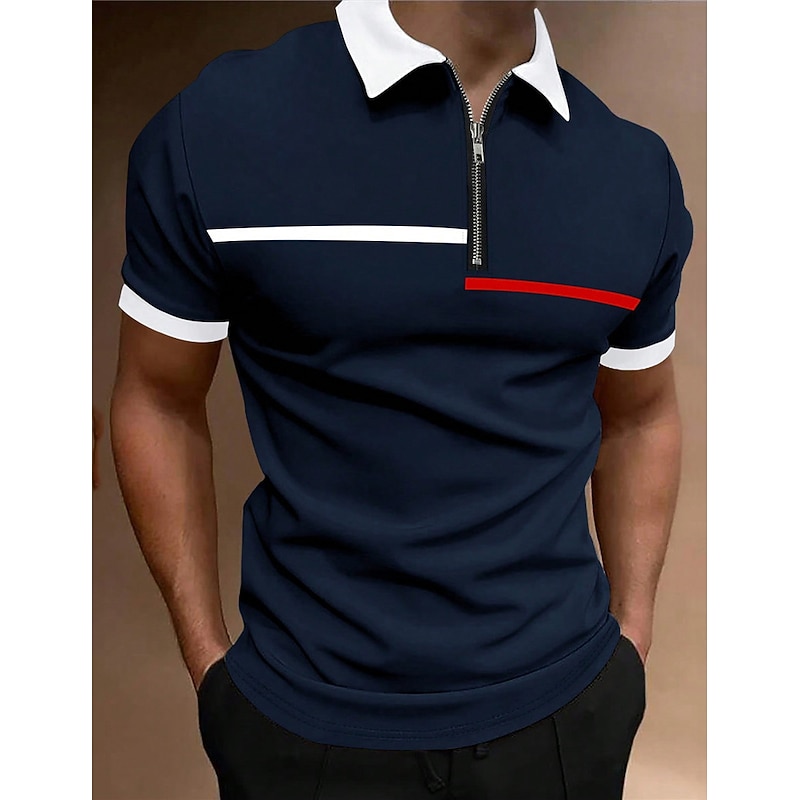 Men's Zip Polo Polo Shirt Outdoor Casual Lapel Quarter Zip Short Sleeve Fashion Basic Color Block Quarter Zip Summer Regular Fit Black White Navy Blue Brown Zip Polo3