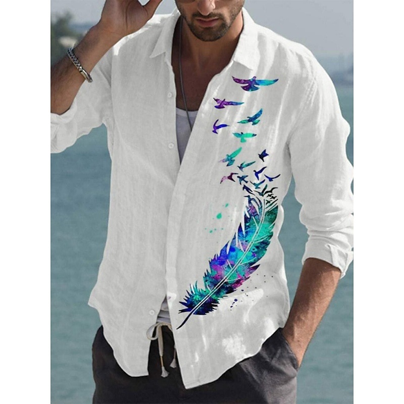Men's Butterfly Feather Shirt Button Up Shirt Long Sleeve Fashion Streetwear Designer Outdoor Casual Daily Fall & Winter Turndown Print Button-Down Red / White Green / Black White & Blue White Black4