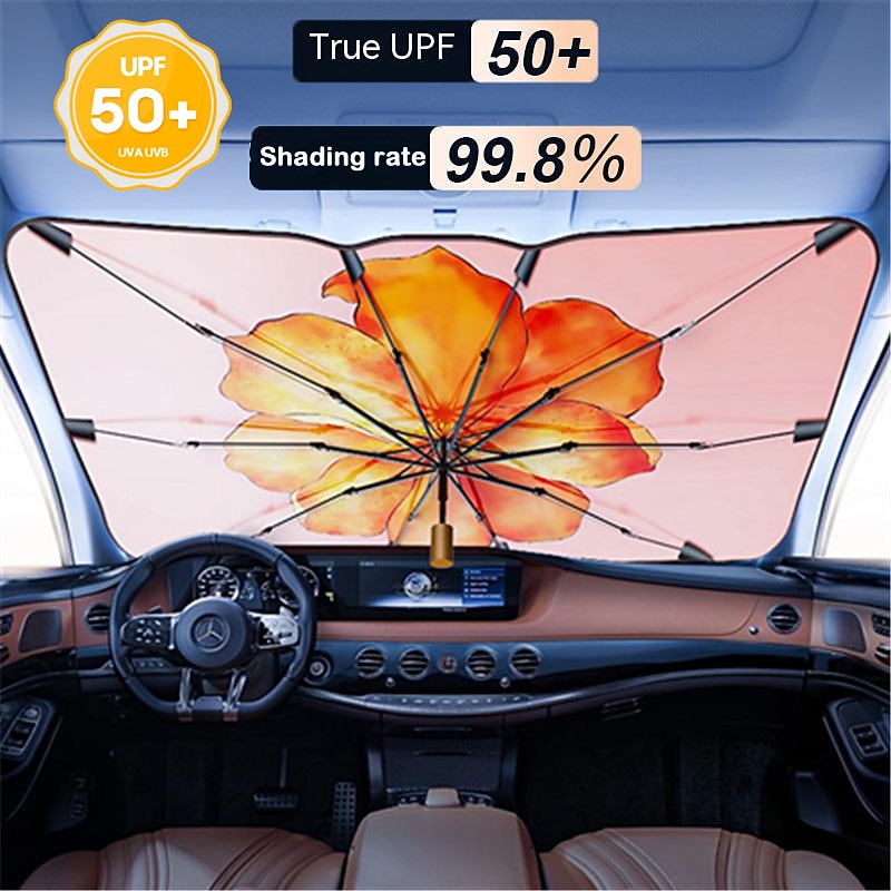 Car Sunshade Front Windshield Umbrella, Retractable Folding UV Protection Sunscreen with UPF 50+, Shading Rate 99.8% for Insulation