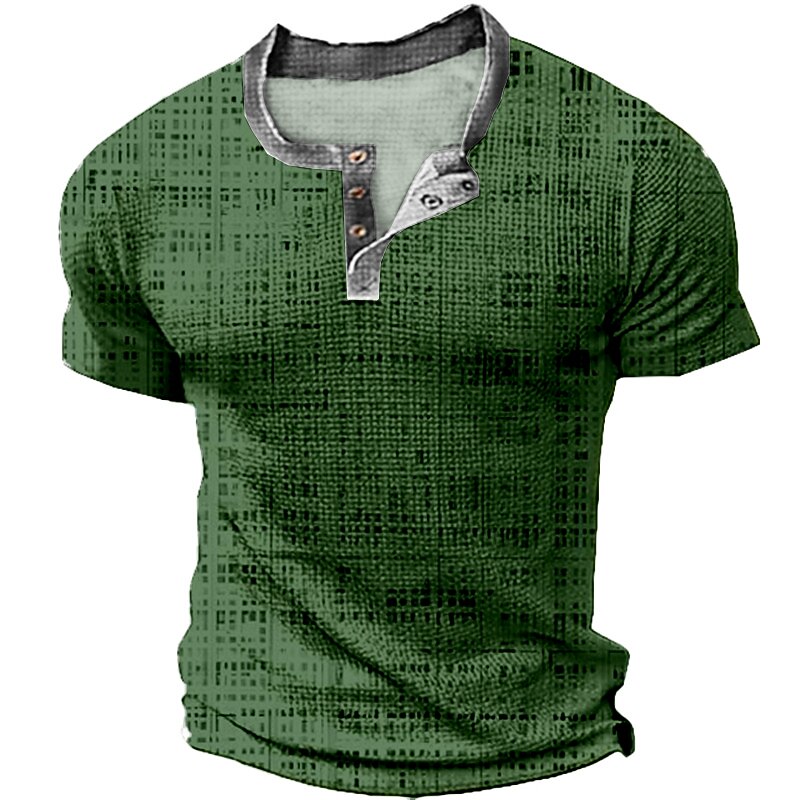 Mens Graphic Shirt Squares Casual 3D Blue Summer Cotton Waffle Henley Tee Clothing Apparel Print Outdoor Short Sleeve Button Fashion Designer Green3